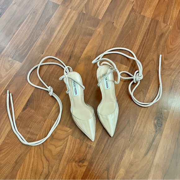Steve Madden Beige Lace Up Clear Pointed Toe Heels - Picture 4 of 6